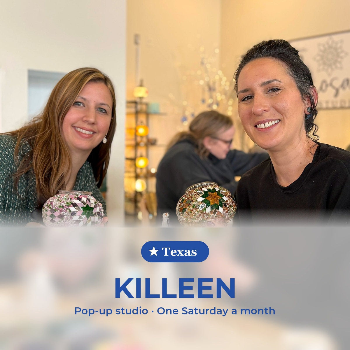 Turkish mosaic lamp workshop, Texas pop-up studio in Killeen