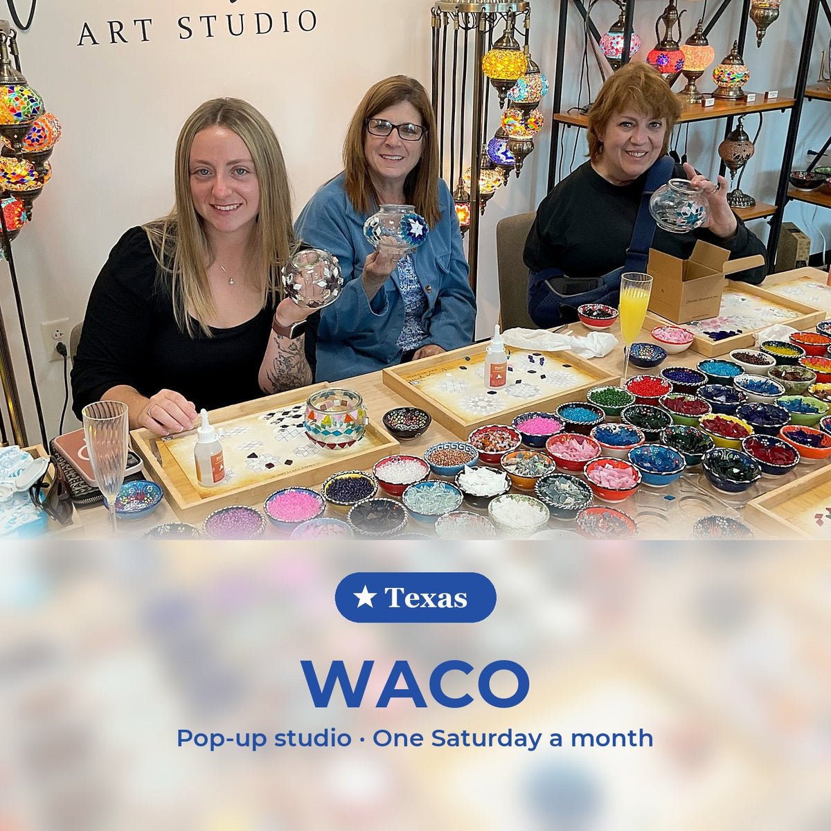 Turkish mosaic lamp workshop, Texas pop-up studio in Waco