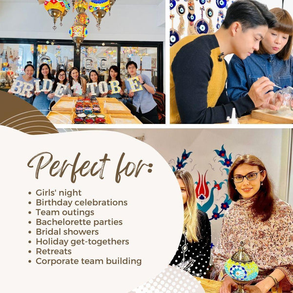 Group celebrating bride-to-be with mosaic art supplies, colorful lampss, and craft activities