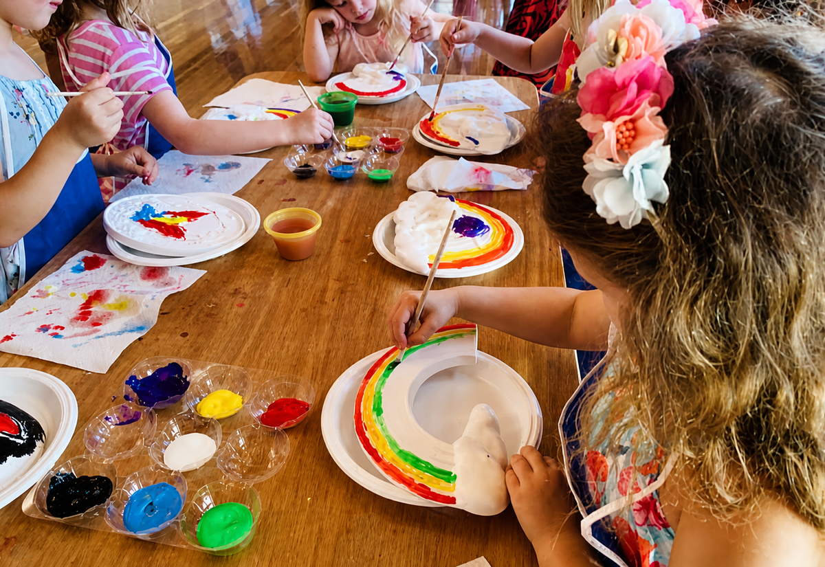 Group of campers painting plaster pieces at the Mosaic Art Studio summer camp Plaster workshop