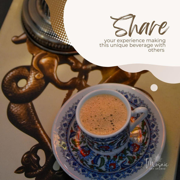 Turkish coffee served in decorated porcelain cup and saucer on ornate metal table