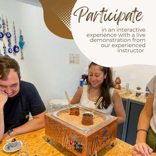 People enjoying Turkish coffee brewing demonstration on sand at Mosaic Art Studio workshop in Voorhees NJ