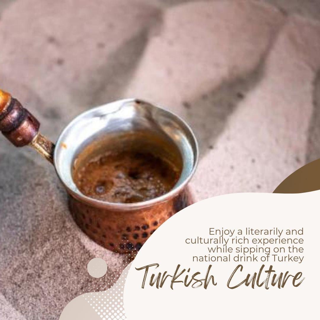 Copper cezve brewing traditional Turkish coffee on hot sand in cultural workshop