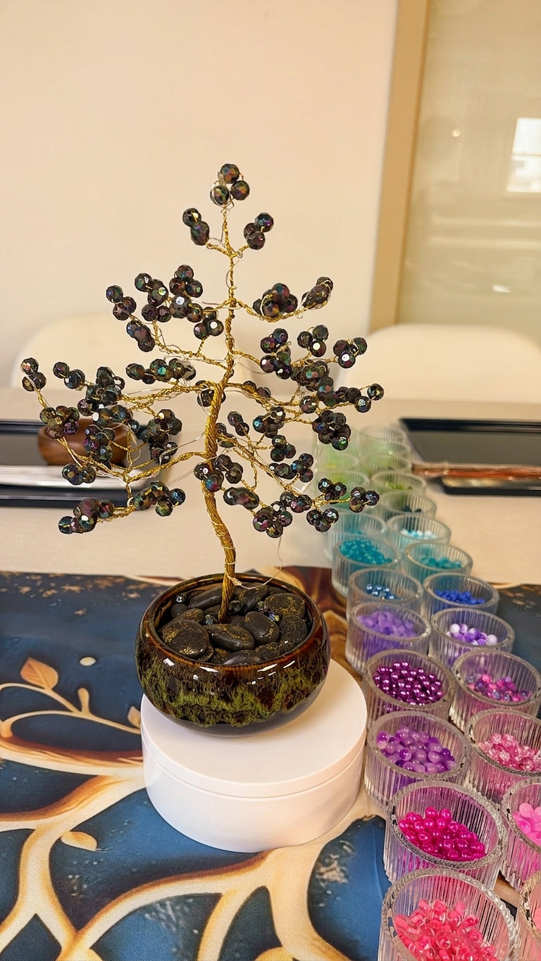 Finished beaded wire tree sculpture made at the Wire Tree Art Workshop in King of Prussia, PA
