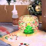 Christmas mosaic candle holder with red, green, and clear beads, DIY kit components and Christmas decor
