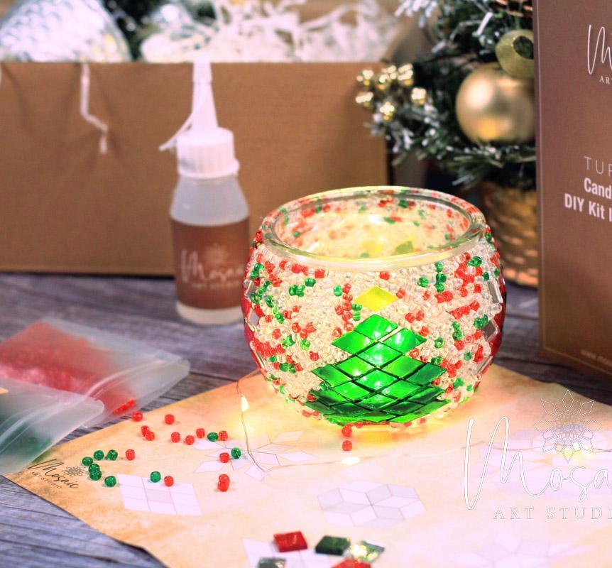 Christmas mosaic candle holder with red, green, and clear beads, DIY kit components and Christmas decor
